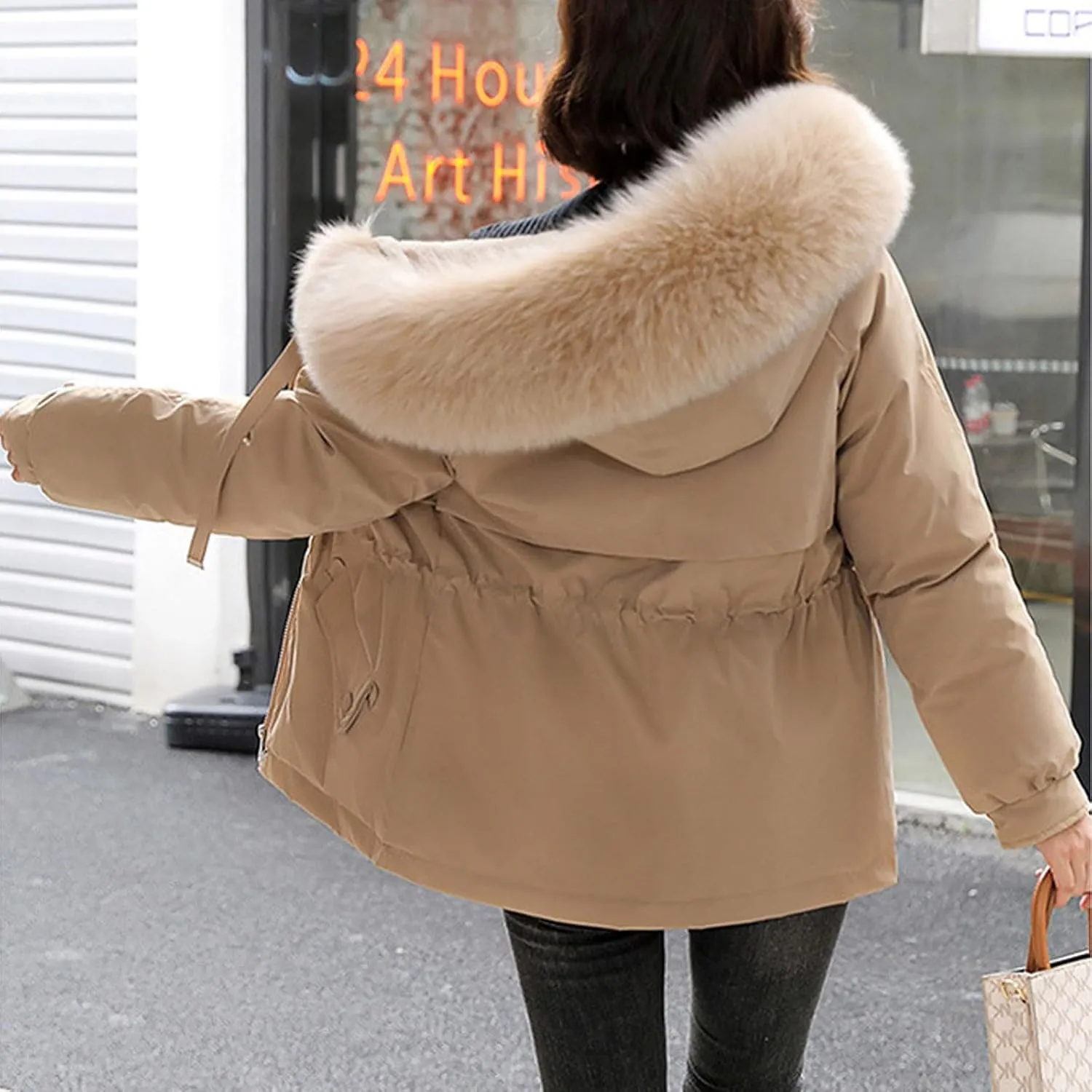 Womens Winter Puffer Jackets Plush Hooded Windbreaker Faux Fur Down Coats Drawtring Waist Furry Lined Fuzzy Parka