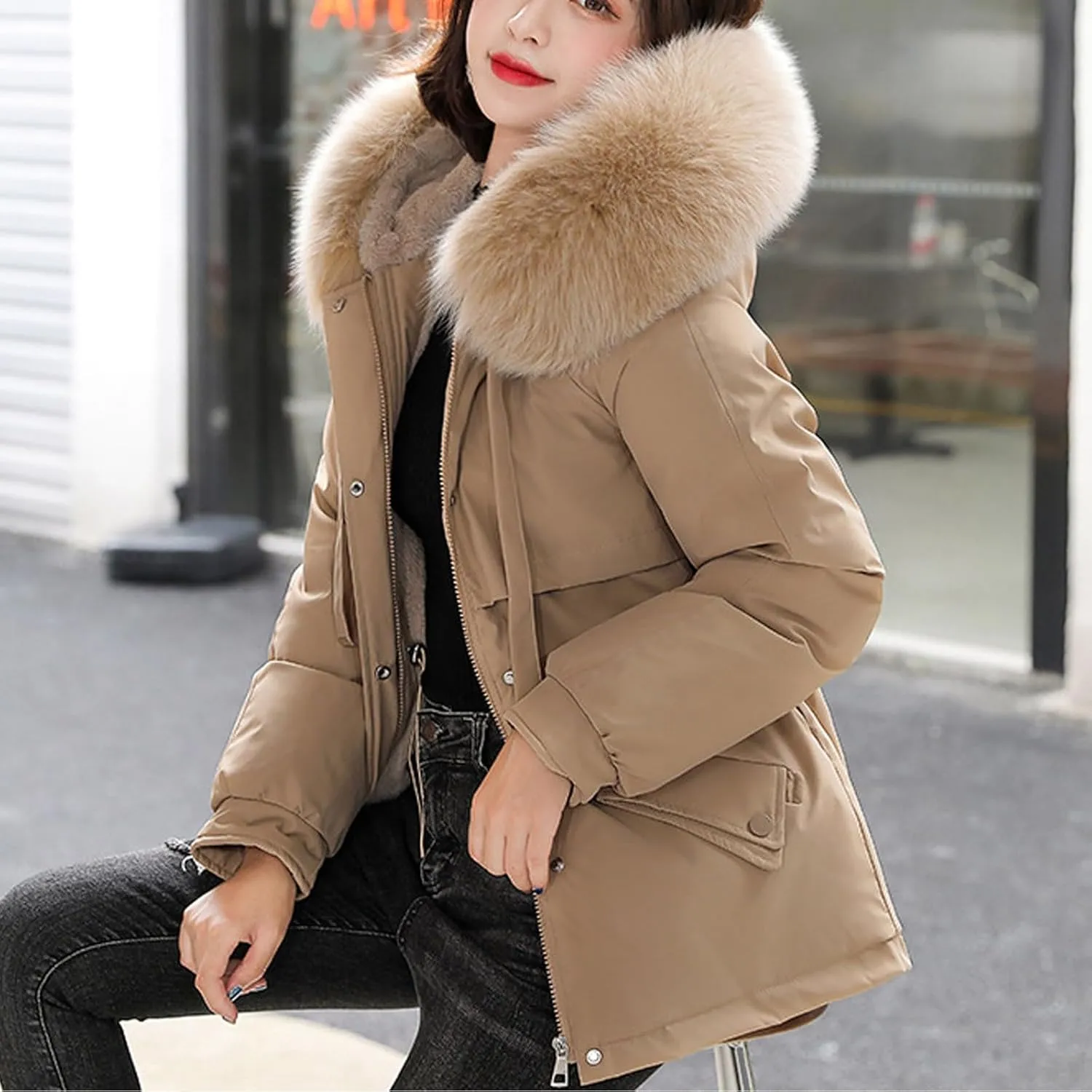 Womens Winter Puffer Jackets Plush Hooded Windbreaker Faux Fur Down Coats Drawtring Waist Furry Lined Fuzzy Parka