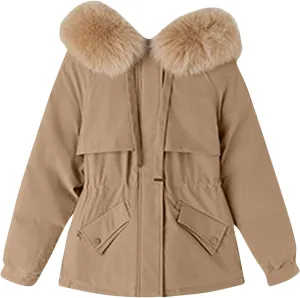 Womens Winter Puffer Jackets Plush Hooded Windbreaker Faux Fur Down Coats Drawtring Waist Furry Lined Fuzzy Parka